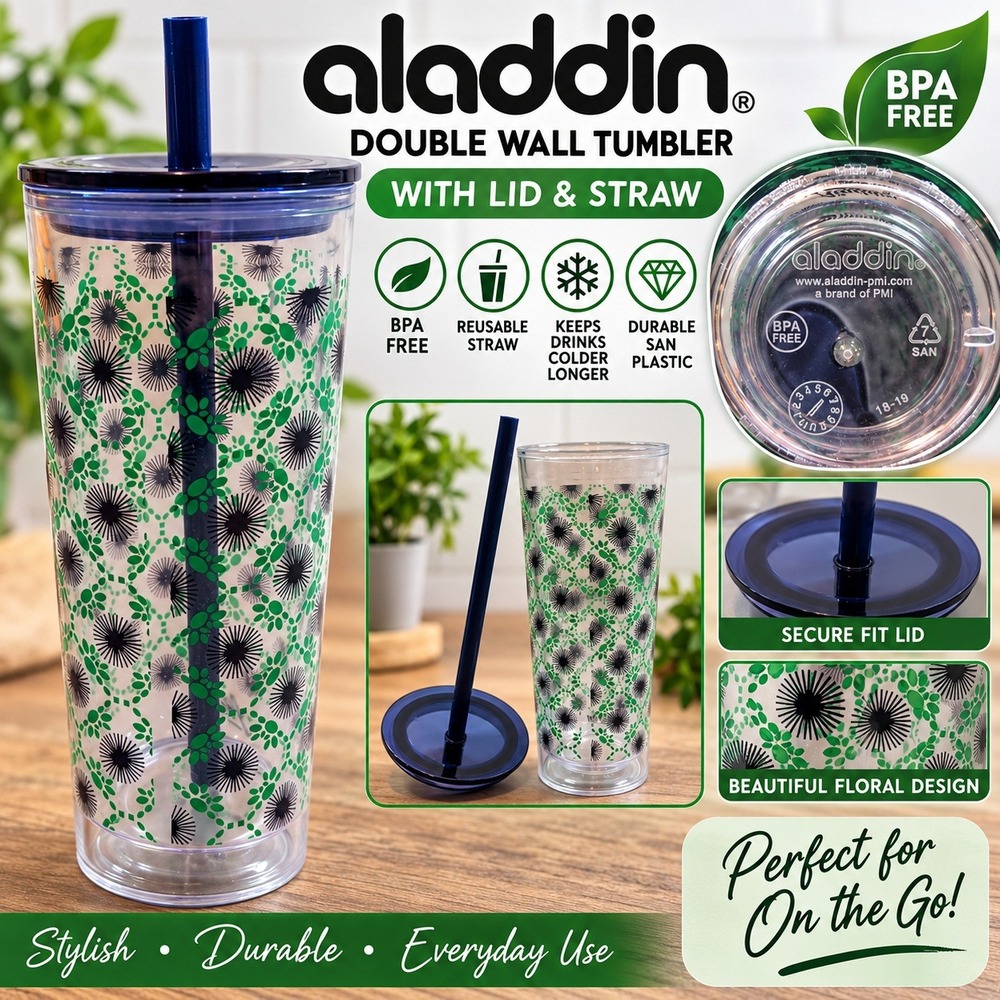 Aladdin Double Wall Tumbler with Lid and Straw Blue Green Floral 20oz BPA Free